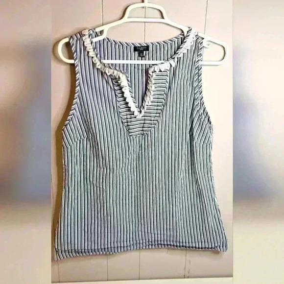 Talbots Sleeveless Blouse Tunic Split Neck Stripe Blue White Stretch size 14P - Picture 1 of 5